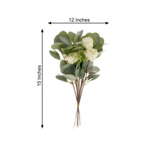 15 Inch Artificial Ivory Silk Rose and Eucalyptus Flower Bouquet Arrangement