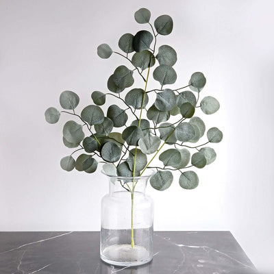 Eucalyptus branches in a clear glass vase on a marble surface.