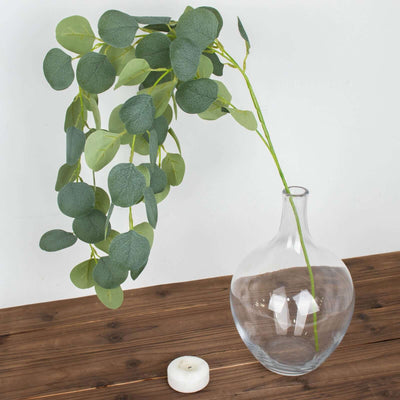 Glass vase with eucalyptus branch on a wooden table