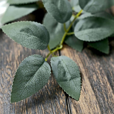 Green leaves with textured details on a wooden surface.