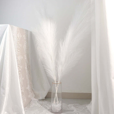 White pampas grass in a glass vase on a soft linen backdrop.