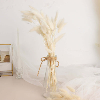 Dried white pampas grass bouquet in a glass vase with twine.