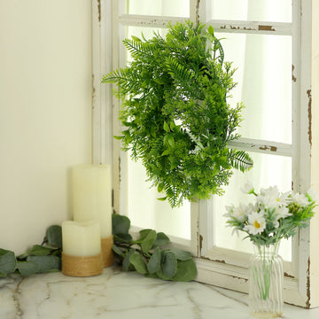 2 Pack Green Artificial Fern Leaf Mix Pillar Candle Ring Wreaths - Add Natural Elegance to Your Event Decor