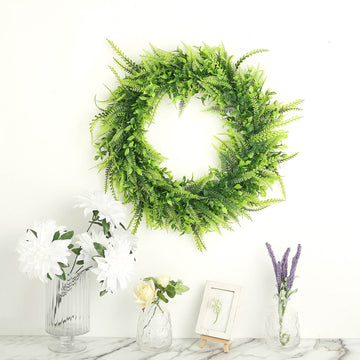 Enhance Your Event Decor with Lifelike Green Artificial Boxwood Fern Mix Spring Wreaths