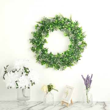 Add a Refreshing Flair to Your Event Decor with White/Green Artificial Lifelike Boxwood Fern Mix Spring Wreaths