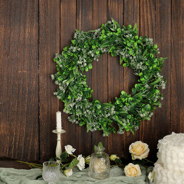 Bring Timeless Fresh Flair to Your Home or Event Decor with White/Green Artificial Lifelike Boxwood Fern Mix Spring Wreaths