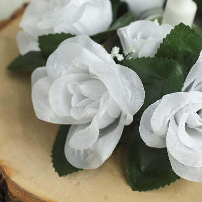 Artificial white rose bouquet with green leaves, ideal for home decor.