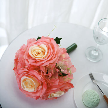 Add a Touch of Coral Elegance to Your Event with Artificial Silk Rose and Hydrangea Mix Flower Bouquets