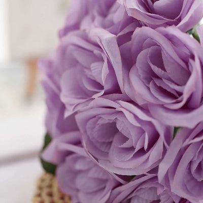 Lavender artificial roses bouquet in close-up detail.