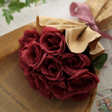 Add a Pop of Color to Your Event Decor with Red Artificial Velvet-Like Fabric Rose Flower Bouquet Bush