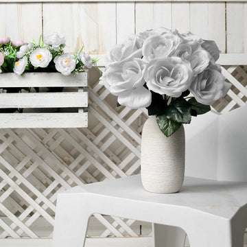 Elegant Silver Artificial Velvet-Like Fabric Rose Flower Bouquet Bush 12