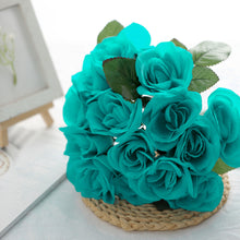 Artificial Velvet Like Fabric Rose Flower Bouquet Bush In Turquoise 12 Inch#whtbkgd