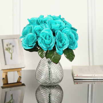 Turquoise Artificial Velvet-Like Fabric Rose Flower Bouquet Bush 12