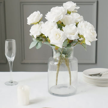 Elegant Ivory Real Touch Artificial Silk Rose Flower Bushes