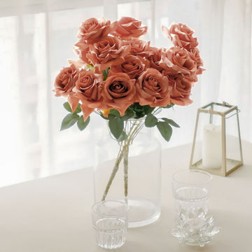 Beautiful Terracotta (Rust) Decor with Real Touch Artificial Silk Rose Flower Bouquets