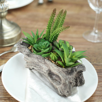 Natural Artificial Log Planter and 15 Assorted Succulent Plants 7" Long - Rustic Charm for Your Home and Events