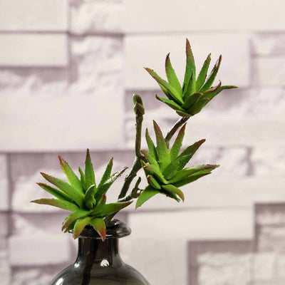 Artificial succulent plant in a black vase against textured background.