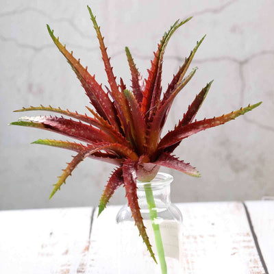 Artificial red aloe plant in a glass vase.