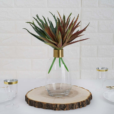 Aloe vera plant in a glass vase on a wooden slab with champagne flutes.