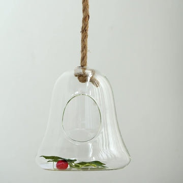 9" Air Plant Hanging Glass Bell Shaped Terrarium With Twine Rope, Free-Falling Planter