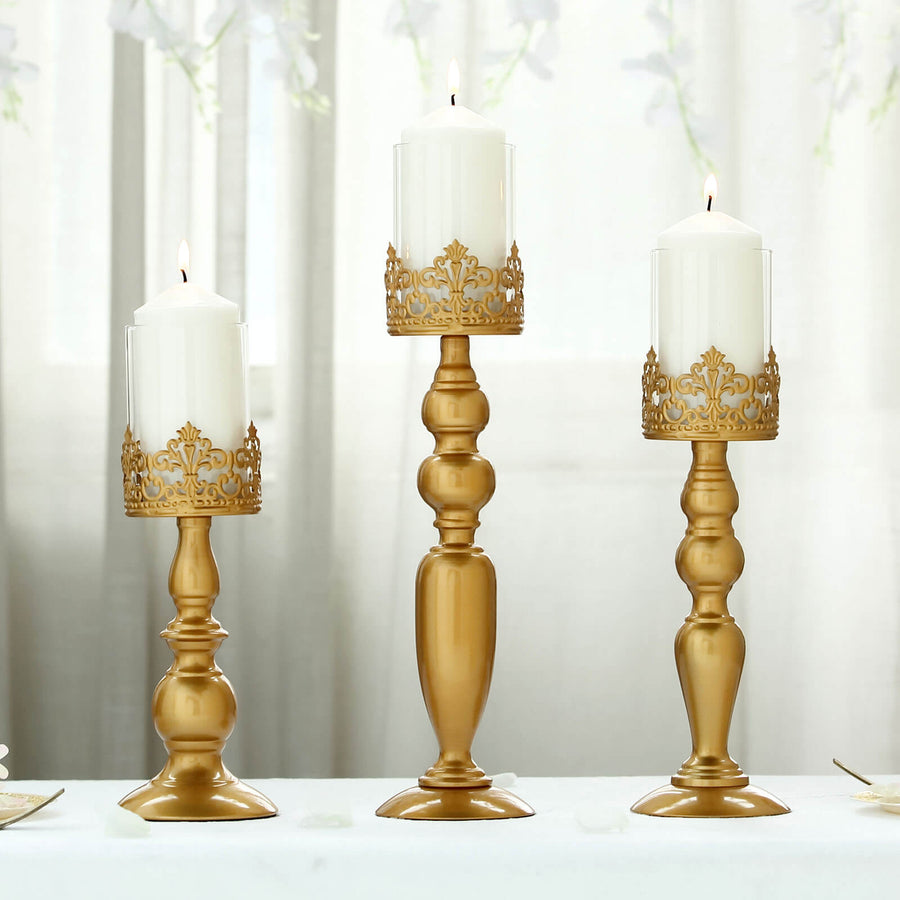 3 Set of Tall Antique Gold Lace Hurricane Glass Votive Pillar 12 Inch 14 Inch 17 Inch Candle Holder Set