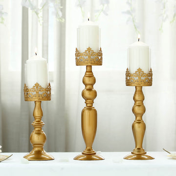 Set of 3 Antique Gold Lace Hurricane Glass Pillar Candle Holders 12"/14"/17"