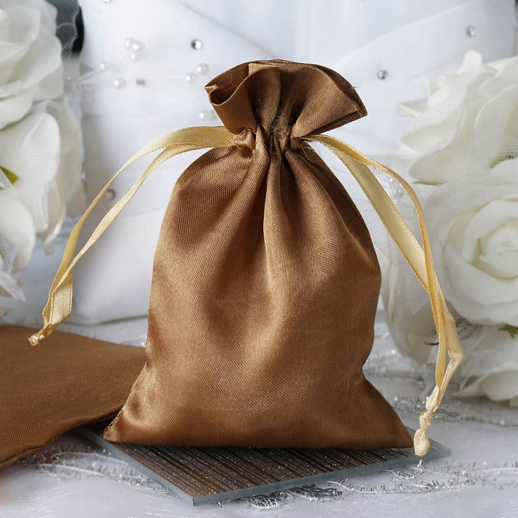 12 Pack | 4x6inch Antique Gold Satin Drawstring Wedding Party Favor Gift Bags