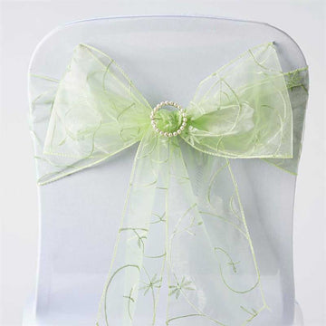 5 Pack | 7"x108" Apple Green Embroidered Organza Chair Sashes