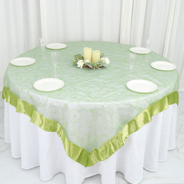 72"x72" Apple Green Embroidered Sheer Organza Square Table Overlay With Satin Edge
