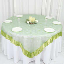 Apple Green Satin Edge Embroidered Organza Square Table Overlay 72 Inch x 72 Inch