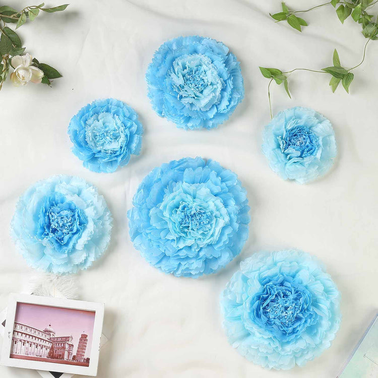 Pack of 6 | Aqua Blue | Multi-size Carnation 3D Giant Paper Flowers | Paper Flower Backdrops Wedding Wall | 7”/9”/11”