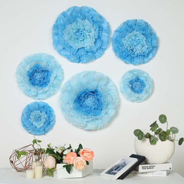 Set of 6 Aqua / Blue Giant Carnation 3D Paper Flowers Wall Decor 12",16",20"