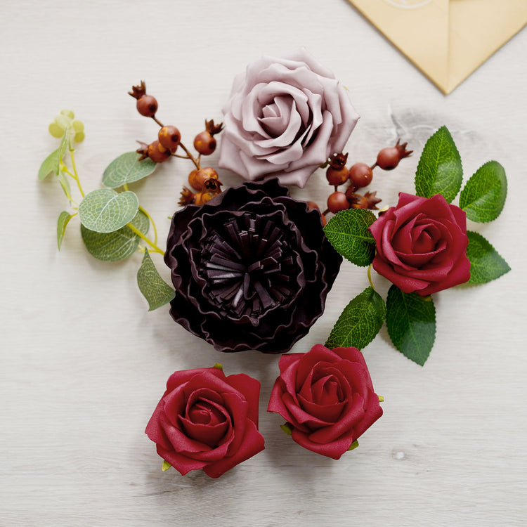 Artificial Foam Flower Box With Mix Of Roses Peonies Leaf and Stems In Assorted Colors 30 Pcs