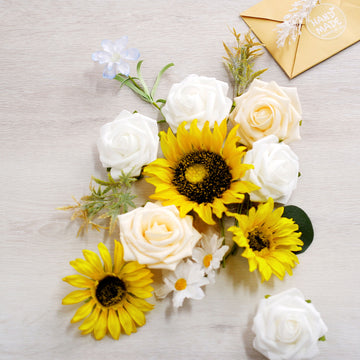 40 Pcs Artificial Rose & Silk Sunflower With Stem Box Set, Mixed Faux Floral Arrangements - Cream/White