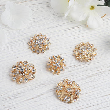 5 Pack Assorted Gold Plated Mandala Crystal Rhinestone Brooches Floral Sash Pin Brooch Bouquet Decor