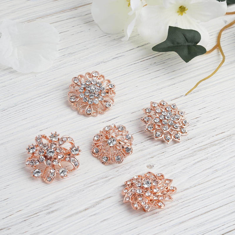 5 Pieces Assorted Rose Gold Plated Mandala Crystal Rhinestone Floral Sash Pin Brooches