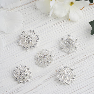 5 Pack | Assorted Silver Plated Mandala Crystal Rhinestone Brooches | Floral Sash Pin Brooch Bouquet Decor