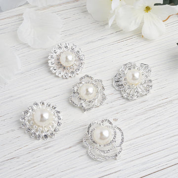 5 Pack | Assorted Silver Plated Rhinestone Brooches with Pearl Center | Floral Sash Pin Brooch Bouquet Decor