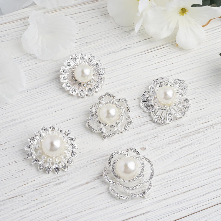 5 Pieces Assorted Silver Plated Rhinestone with Pearl Center Floral Sash Pin Brooches