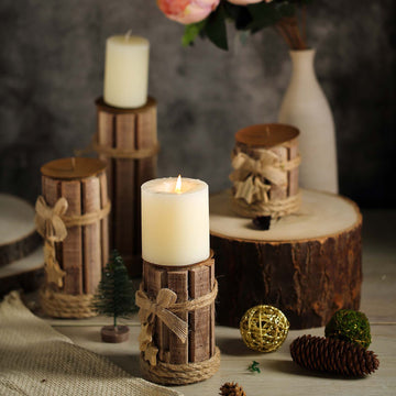 Set of 4 Assorted Wooden Pillar Candle Holder Set With Braided Twines Burlap Ribbons and Hanging Stars 8"/7"/5"/4"
