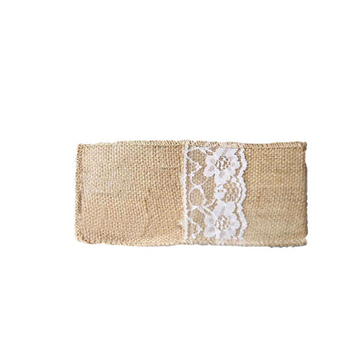 Natural burlap pouch with lace trim on a white background