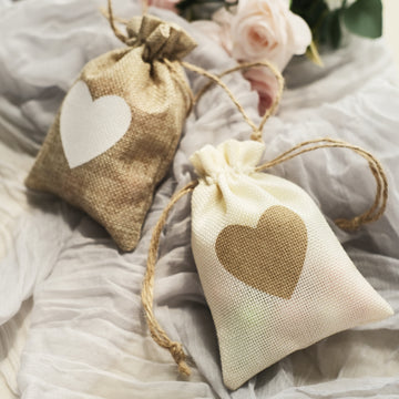 20 Pack Natural/Ivory Heart Design Jute Burlap Gift Bags With Drawstring