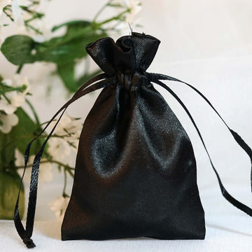 Black Satin Drawstring Pouch - Elegant and Versatile Wedding Party Favor Bag