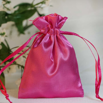 Fuchsia Satin Drawstring Wedding Party Favor Gift Bags - Pack of 12