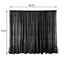 A Sparkle & Sequin Metallic Shimmer Tinsel Spandex Black Curtain with measurements of 20 ft and 10 ft