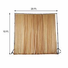 A gold chiffon and sequin curtain with measurements of 20 ft and 10 ft, perfect for room divider and sparkle & sequin backdrops