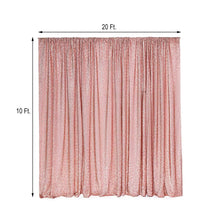 A Rose Gold Metallic Shimmer Tinsel Spandex sparkle & sequin curtain with measurements of 20 ft and 10 ft, perfect for room divider