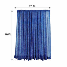 A Royal Blue Metallic Shimmer Tinsel Spandex Curtain with measurements of 20 ft and 10 ft, perfect as a room divider or for sparkle & sequin backdrops