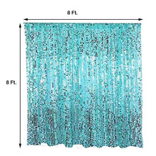 A blue sequined room divider curtain with measurements on a white background
