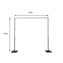 A picture of metal backdrop stands with measurements of 10 ft and 10 ft